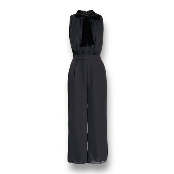 Kate Spade Black Velvet Bow Tuxedo Stripe Wide Leg Cropped Jumpsuit Old Money 14 - Picture 6 of 8